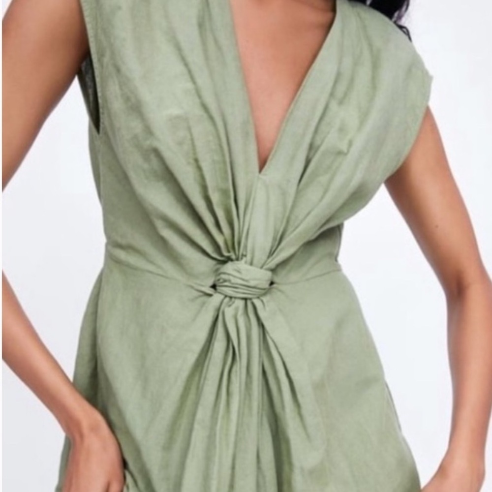 Zara Linen Blend Front Knot Slit Midi Lightweight Coastal Green Dress Size Small - Picture 3 of 12
